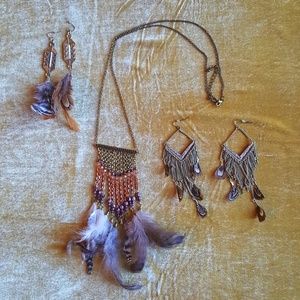 Boho feather fring necklace and earing set